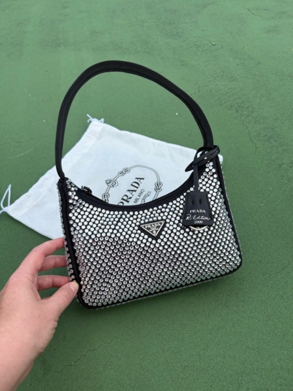 Prada Black and Silver Mini Shoulder Bag with Silver Crystal Studs